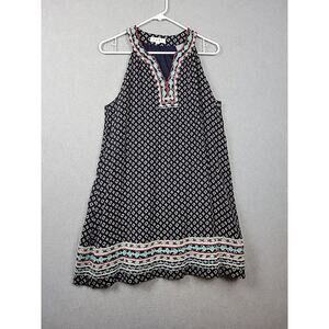 THML Blue Embroidered Mixed Print Halter Y Neck Lined Tunic Dress Women's Large